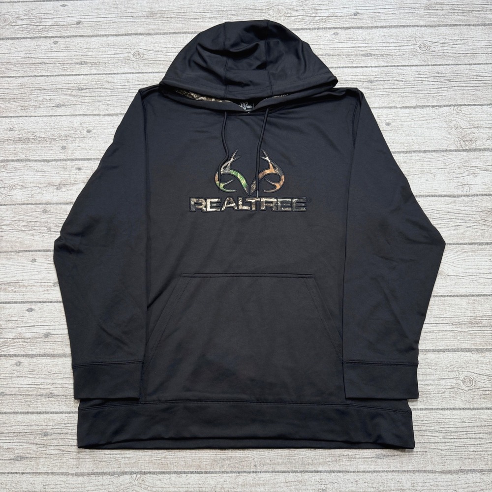 Realtree Hoodie Men's Large Black Camo Antler Athletic Pullover Hunting Outdoor